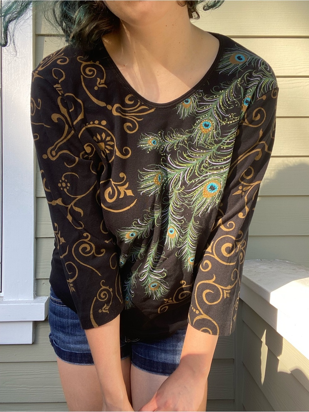 Cactus Bay Black 3/4 Sleeve Top with Peacock Feather Print
